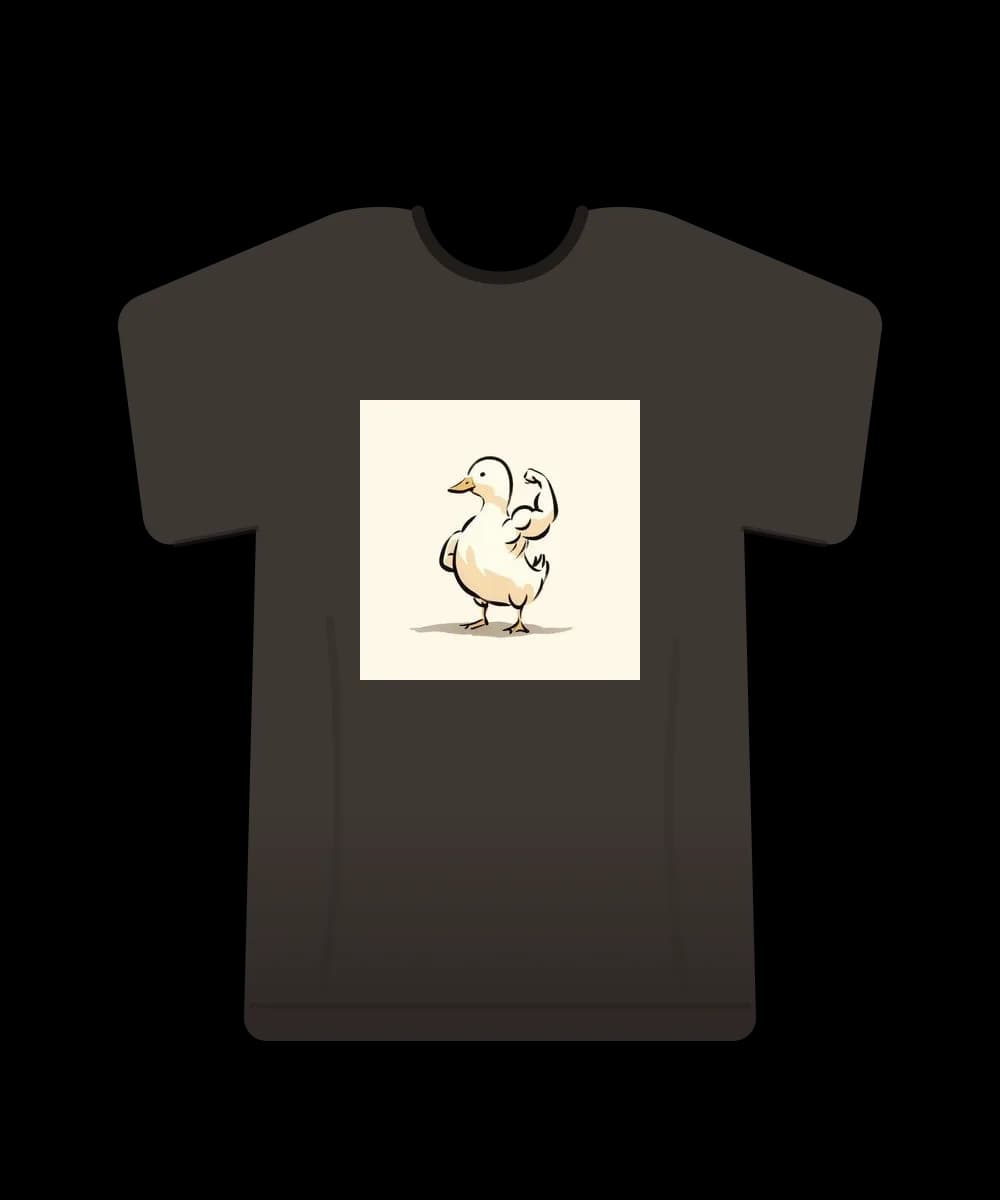 Oversized charcoal t-shirt printed with a simple ink drawing of a white duck flexing one muscular arm.