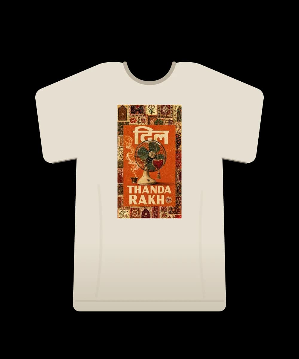 Oversized bone t-shirt printed with a vintage green table fan, a red hanging heart, and the words Thanda Rakh in cream on orange.