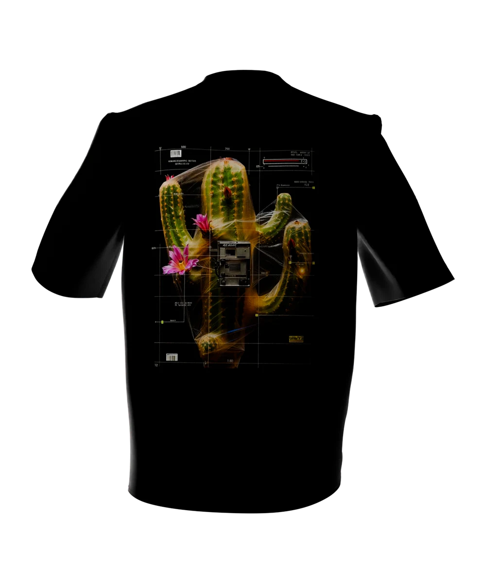 Black t-shirt seen from the back, printed large across the back with a flowering cactus sealed in clear plastic, surveyed with measurement lines, callouts and barcodes on a black ground.