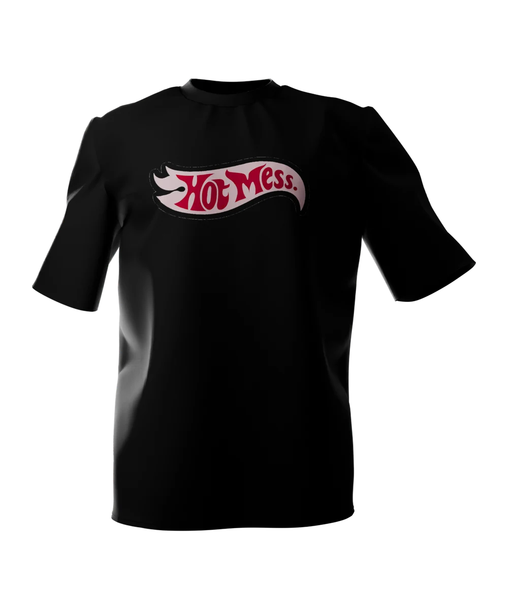 Black t-shirt seen from the front, printed across the chest with the words Hot Mess in dark red retro script, set inside a pale pink flame.