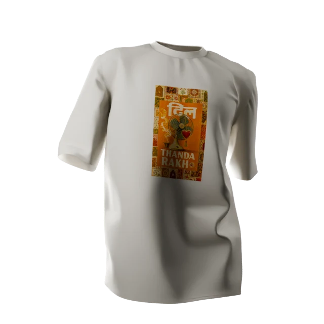Bone t-shirt seen from the front, printed across the chest with a vintage green table fan, a red hanging heart, and the words Thanda Rakh in cream on orange.